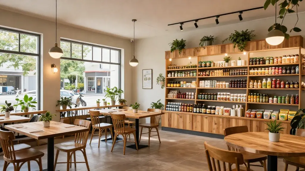 A warm, full café interior in the evening