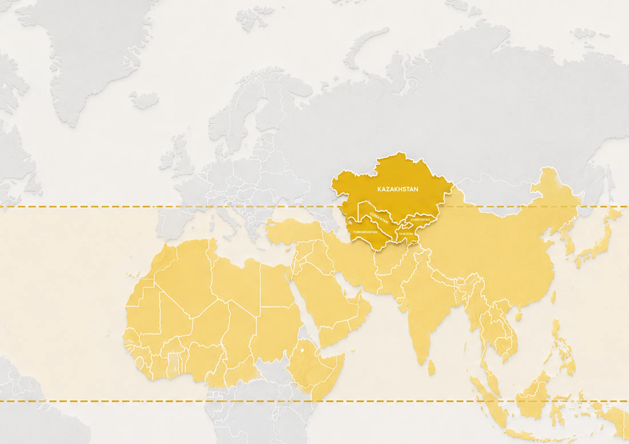 A world map with the 10/40 Window highlighted in gold across North Africa, the Middle East, and Asia, and Kazakhstan and Central Asia picked out in deeper gold